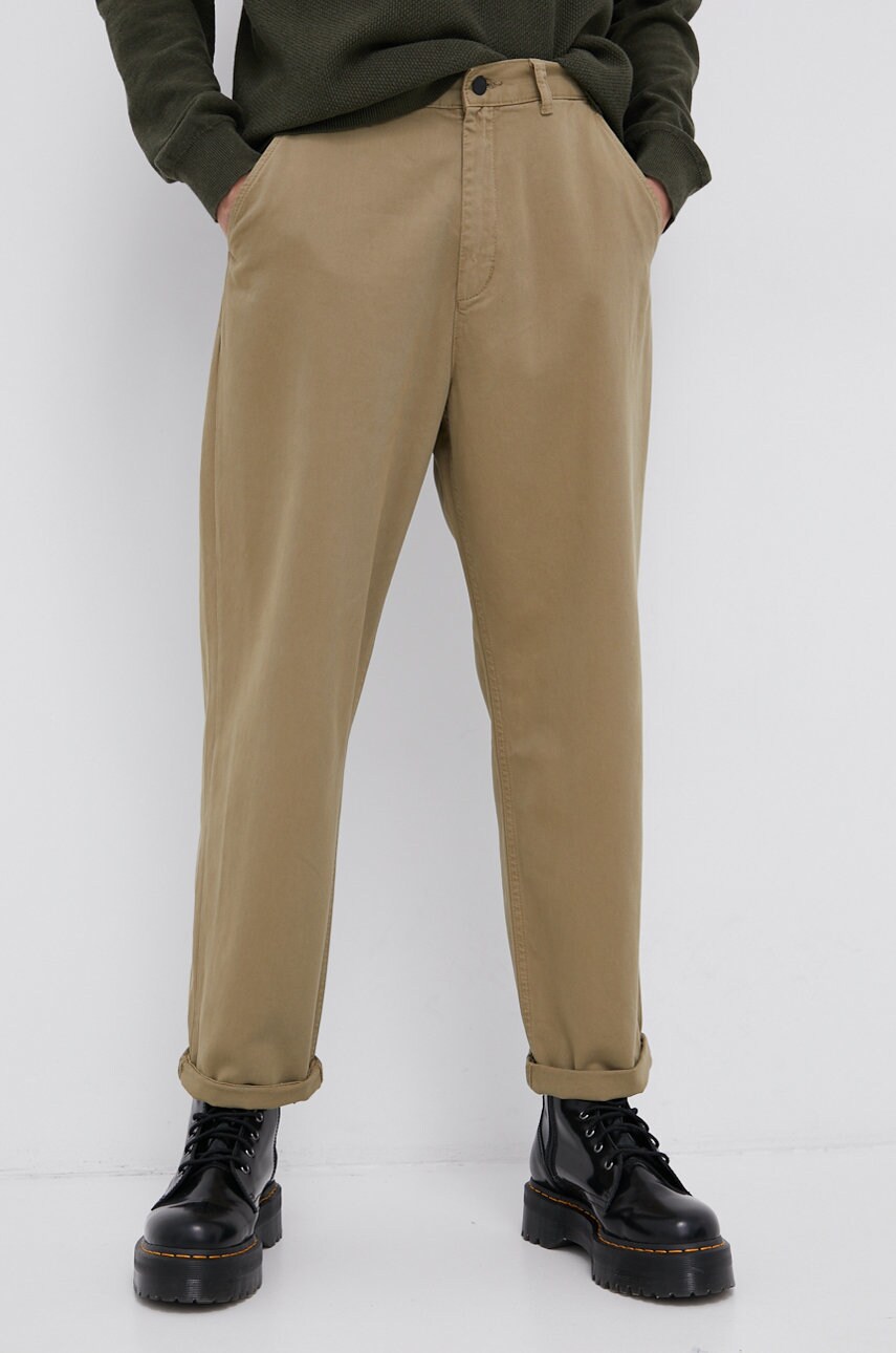 Dr. denim pantaloni de bumbac bărbați, culoarea verde, model drept