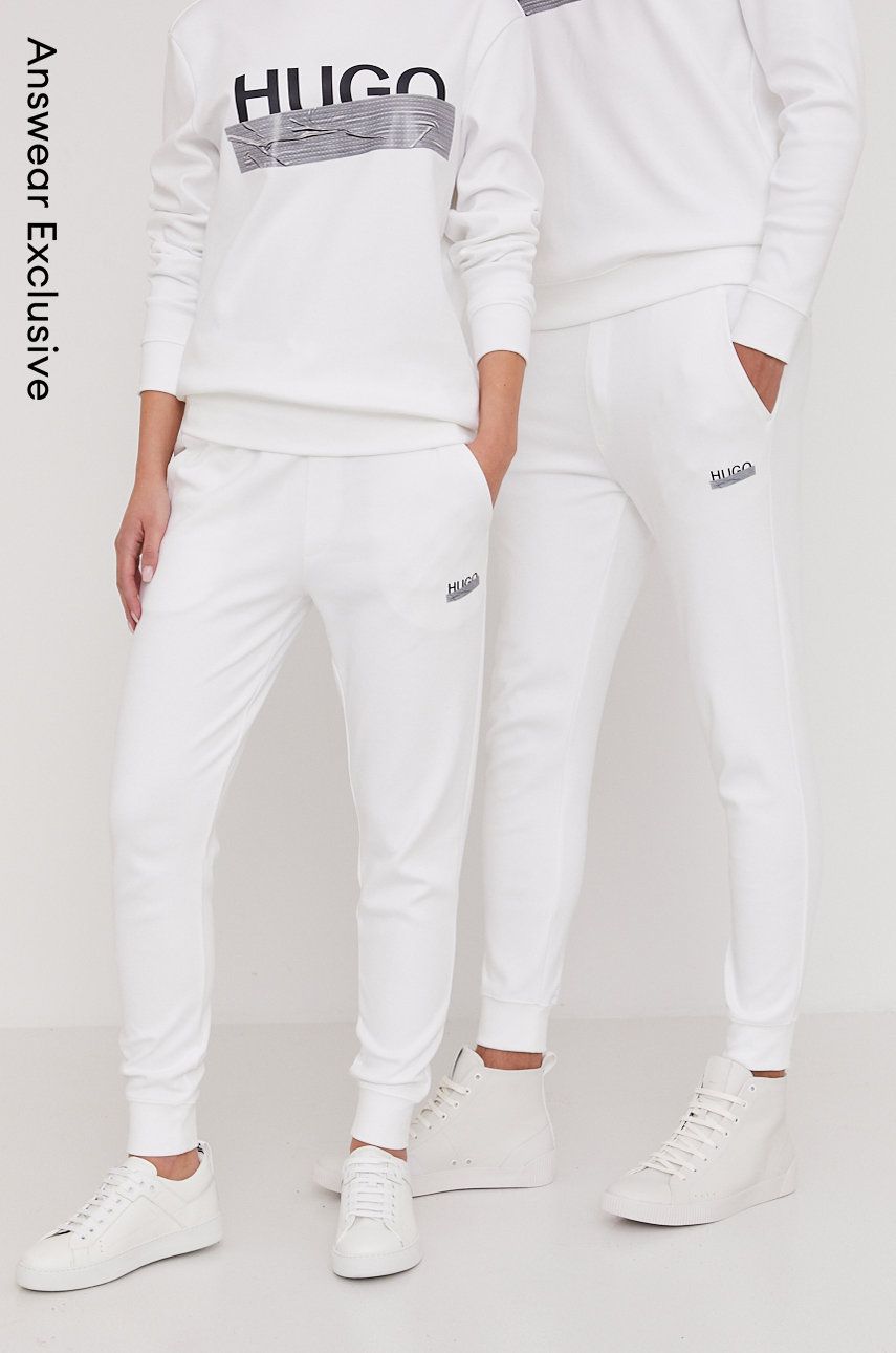 Hugo Pantaloni culoarea alb, material neted answear.ro imagine 2022 reducere