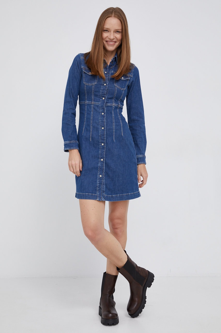 

Дънкова рокля Pepe Jeans къс модел с кройка по тялото, Син