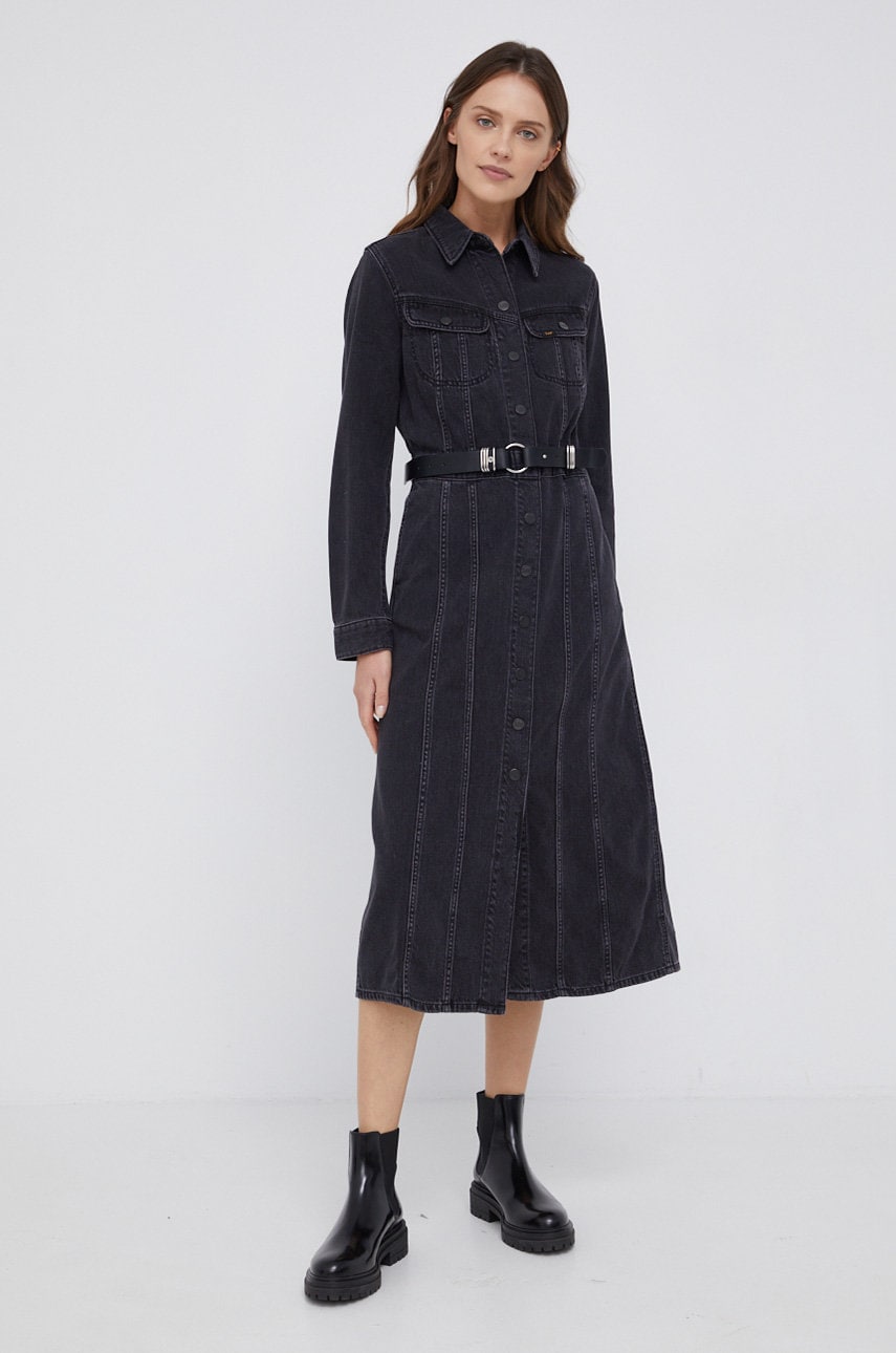 Lee rochie jeans culoarea negru, midi, model drept