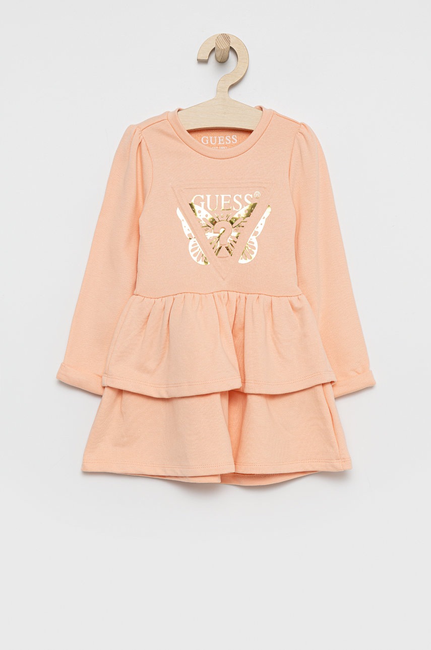 

Детска памучна рокля Guess в оранжево къс модел разкроен модел, Оранжев