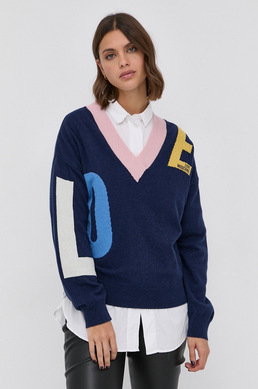 

Шерстяной свитер Love Moschino женский цвет синий лёгкий