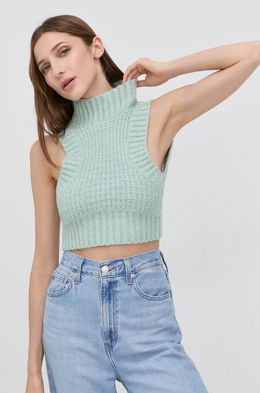 For Love & Lemons Vestă femei, culoarea verde, cu turtleneck