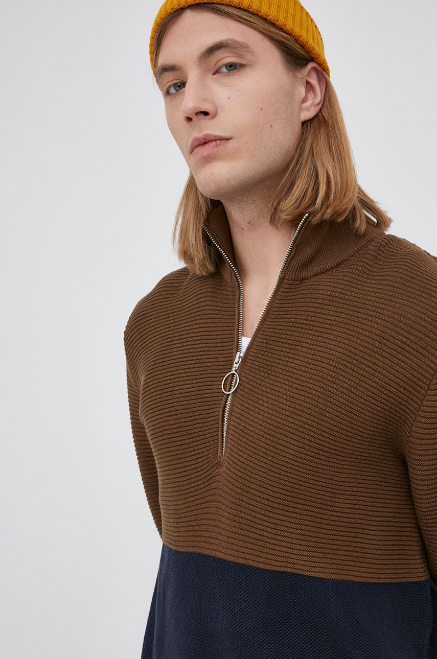 Jack & Jones Sweter bawełniany męski kolor brązowy z półgolfem
