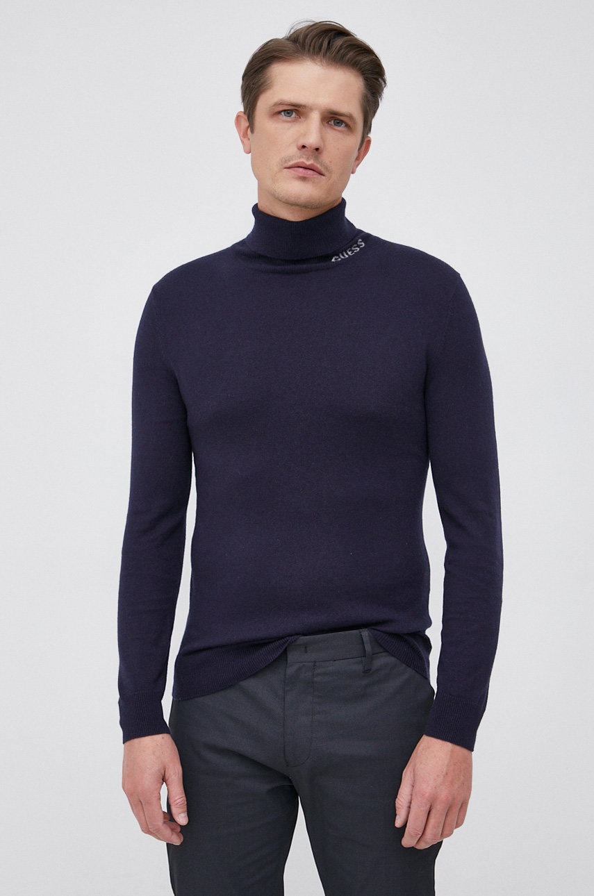 Пуловер с вълна Guess мъжки в тъмносиньо от лека материя с широко поло, Тъмносин