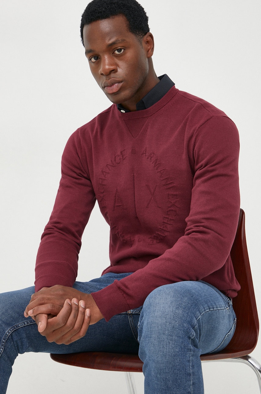 Armani Exchange pulover de bumbac barbati, culoarea bordo,