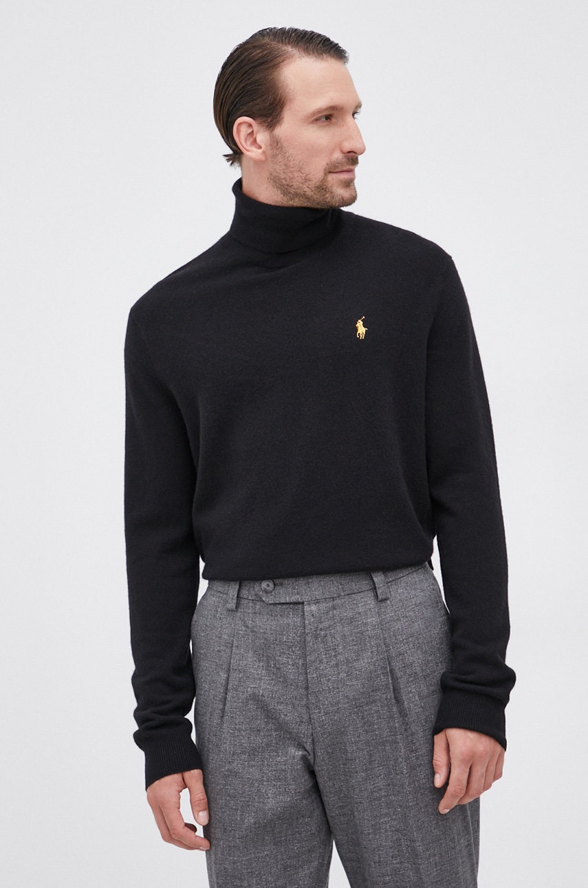 

Вълнен пуловер Polo Ralph Lauren мъжки в черно с широко поло, Черен