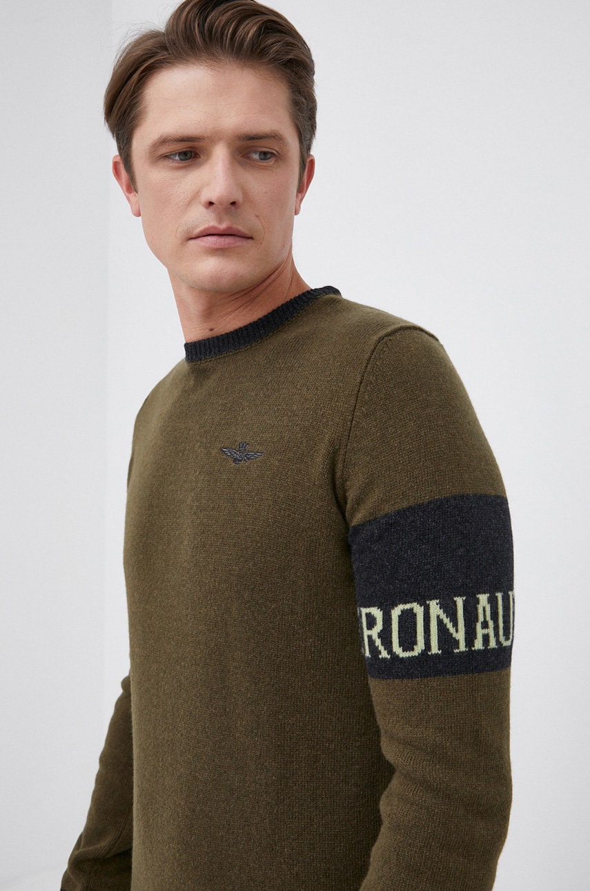 Aeronautica militare pulover de lână bărbați, culoarea verde