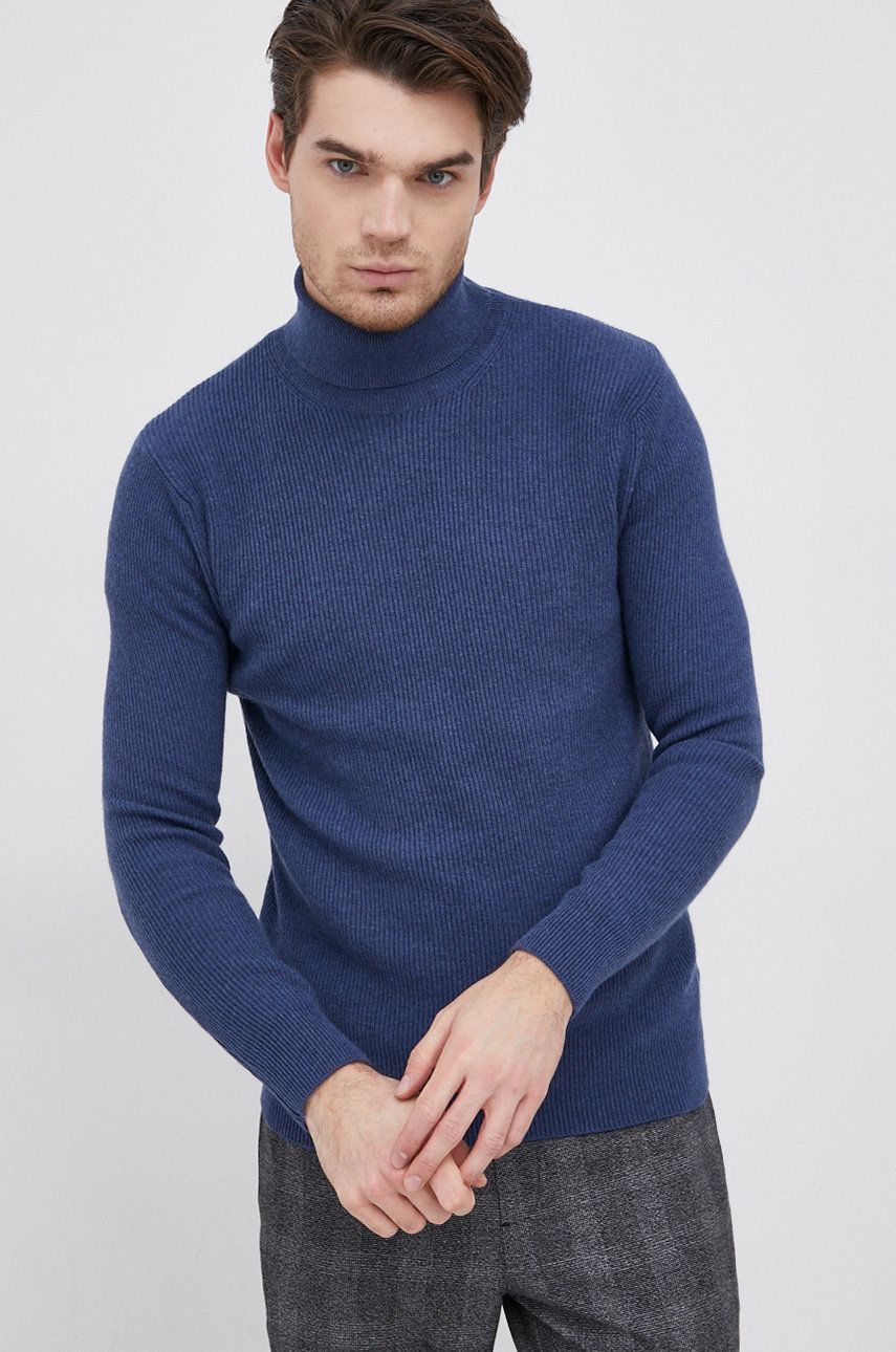 Sisley Pulover din amestec de lână bărbați, culoarea albastru marin, cu guler answear.ro imagine 2022 reducere