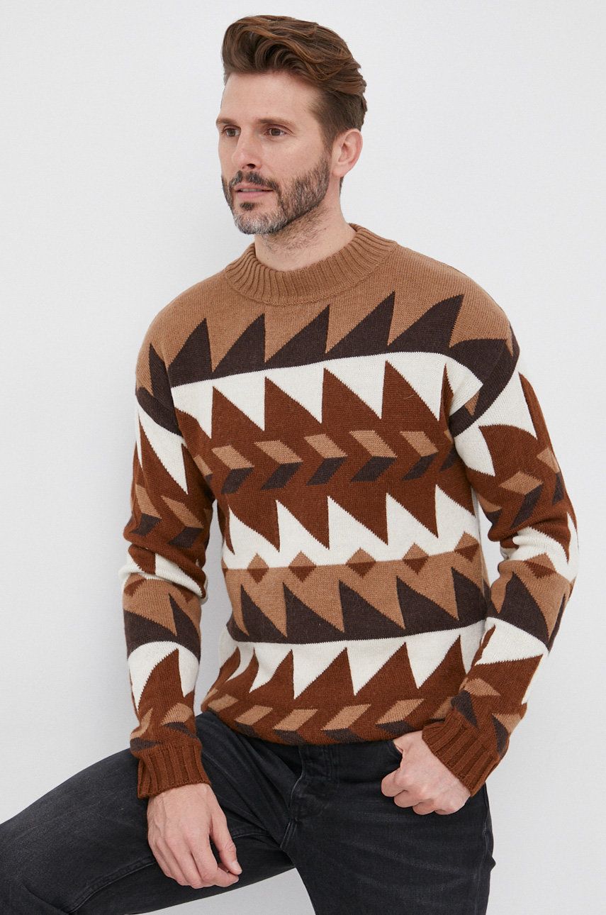 Sisley Sweter wełniany męski kolor brązowy ciepły