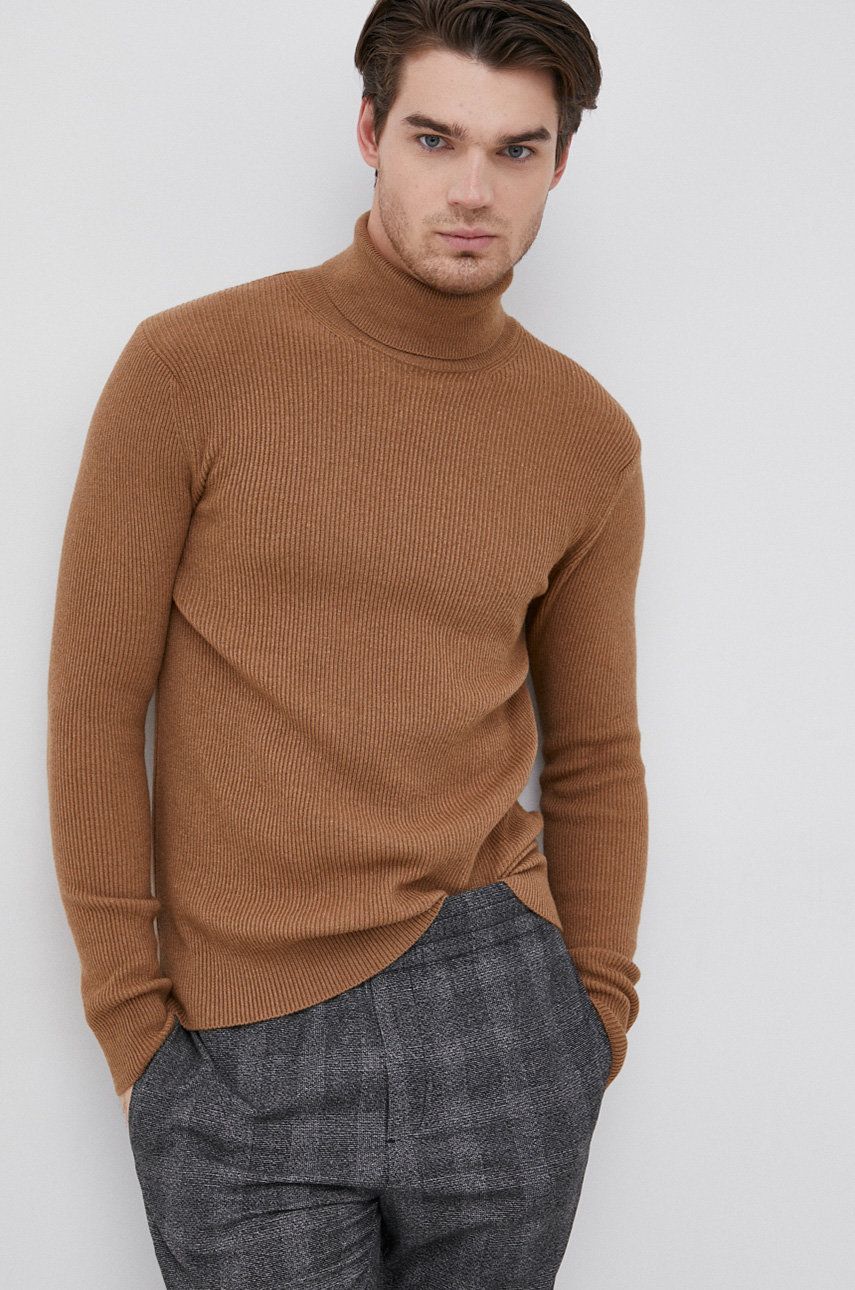 Sisley Pulover din amestec de lână bărbați, culoarea maro, cu guler answear.ro imagine 2022 reducere