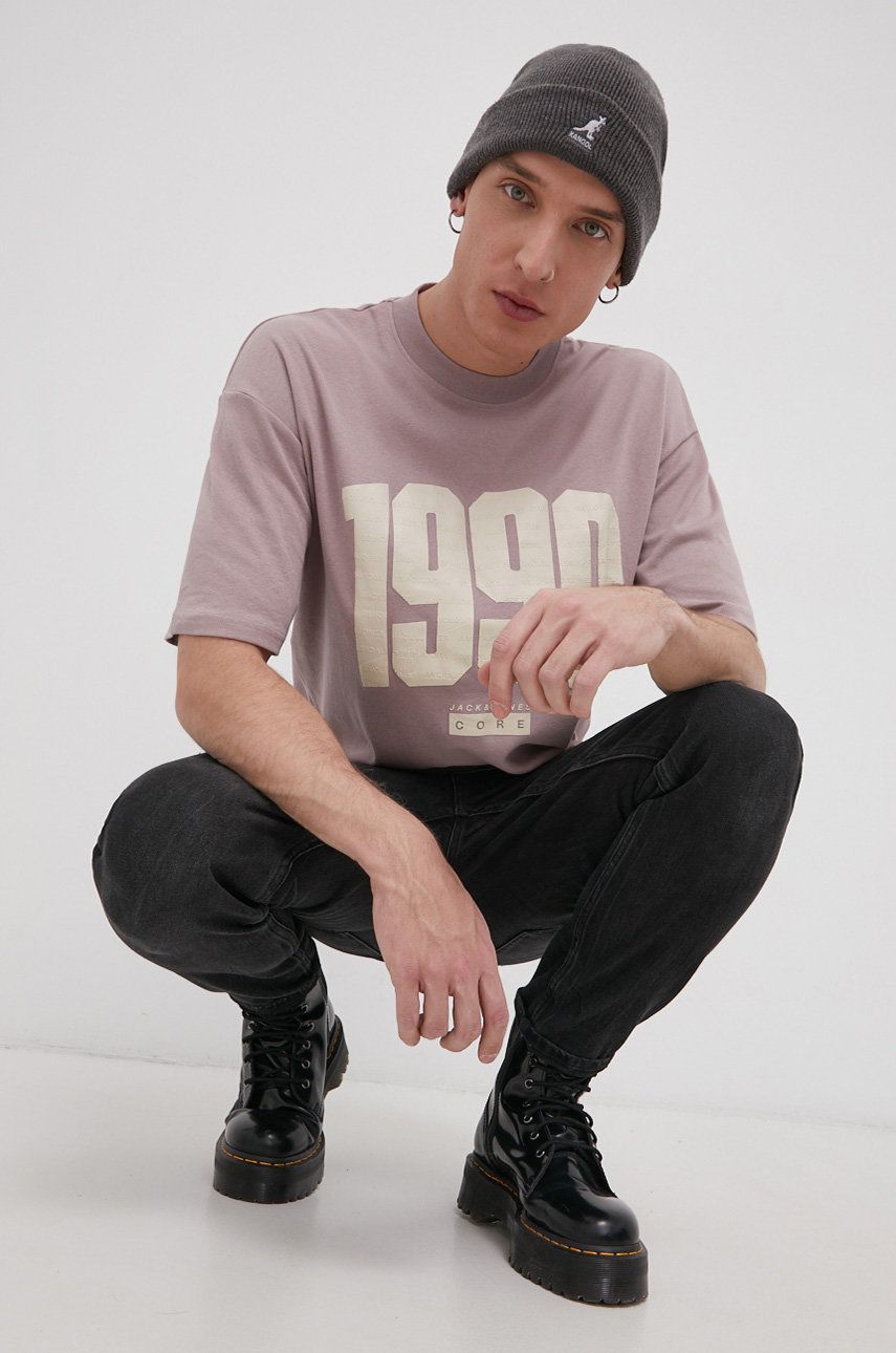 Jack & Jones T-shirt bawełniany kolor fioletowy z nadrukiem