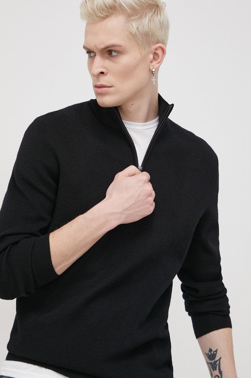 Superdry Sweter wełniany męski kolor czarny lekki z półgolfem