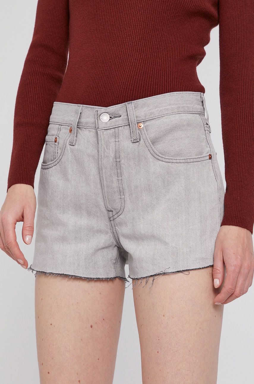 Levi's Pantaloni scurti jeans femei, culoarea gri, material neted, high waist