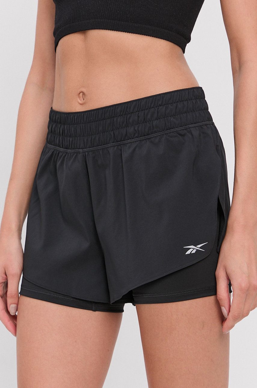 Reebok Pantaloni Scurti Gr9511 Femei, Culoarea Negru, Material Neted, Medium Waist