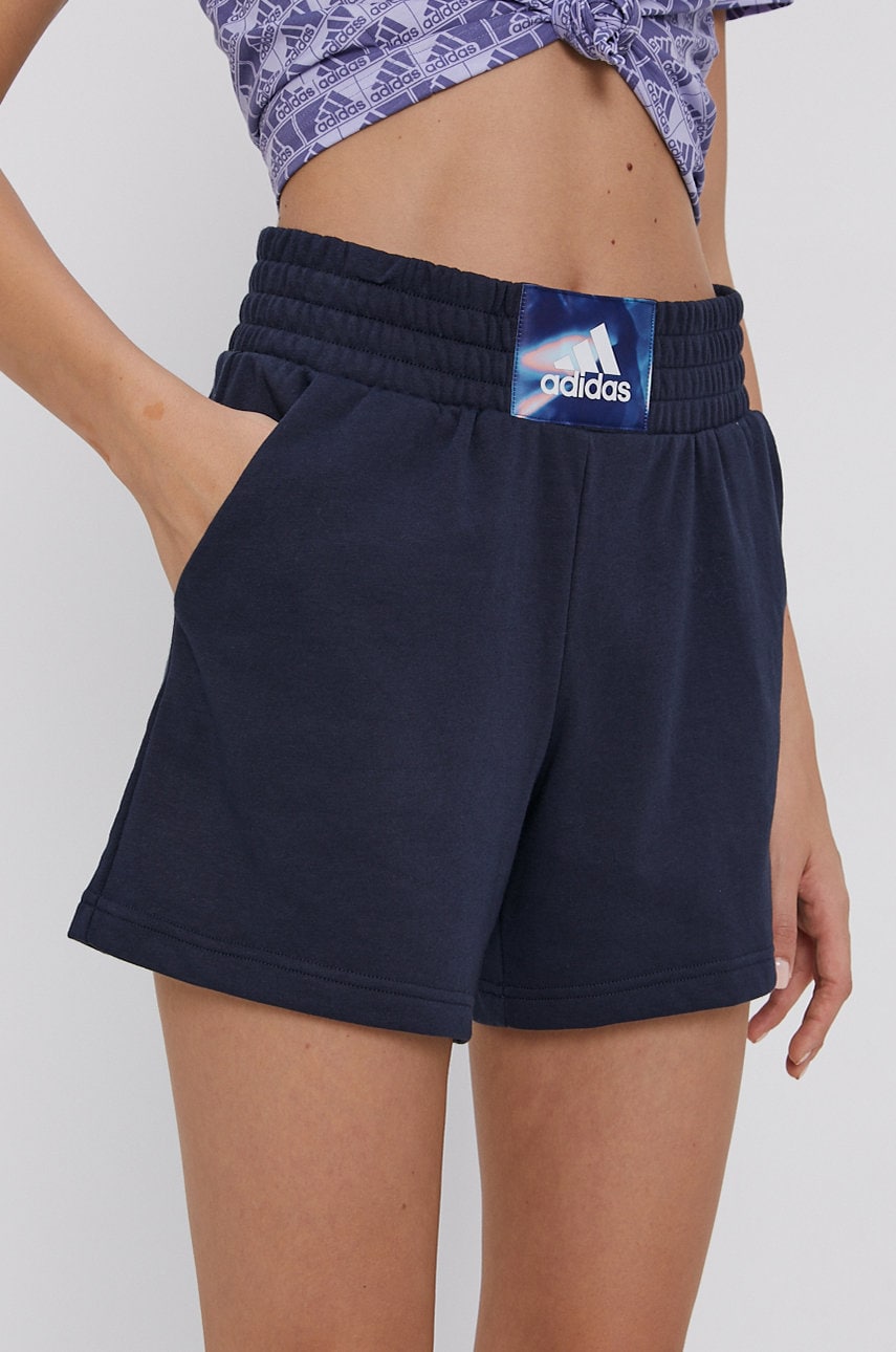 Adidas pantaloni scurți femei, culoarea albastru marin, material neted, medium waist