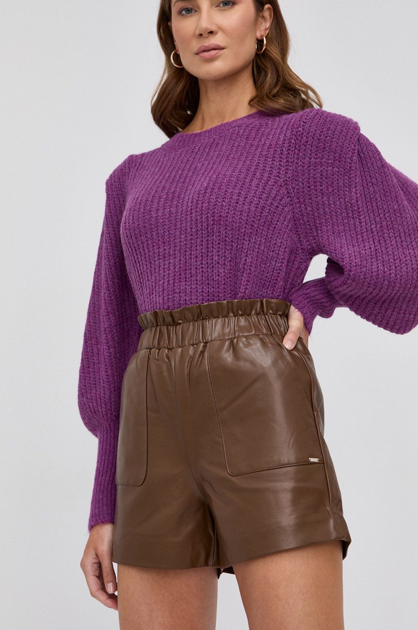 Morgan Pantaloni scurți femei, culoarea maro, material neted, high waist answear.ro imagine 2022 13clothing.ro