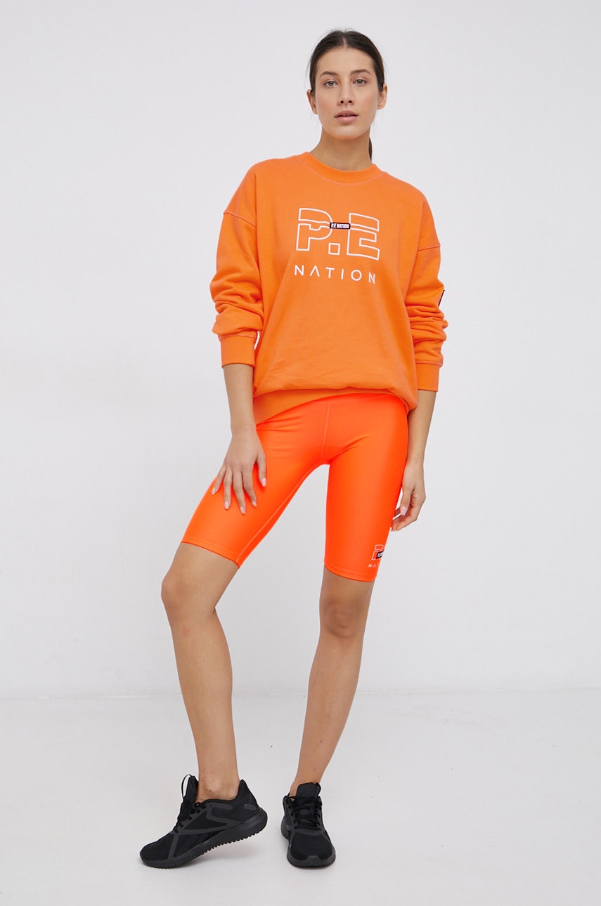 P.e nation pantaloni scurți femei, culoarea portocaliu, material neted, medium waist