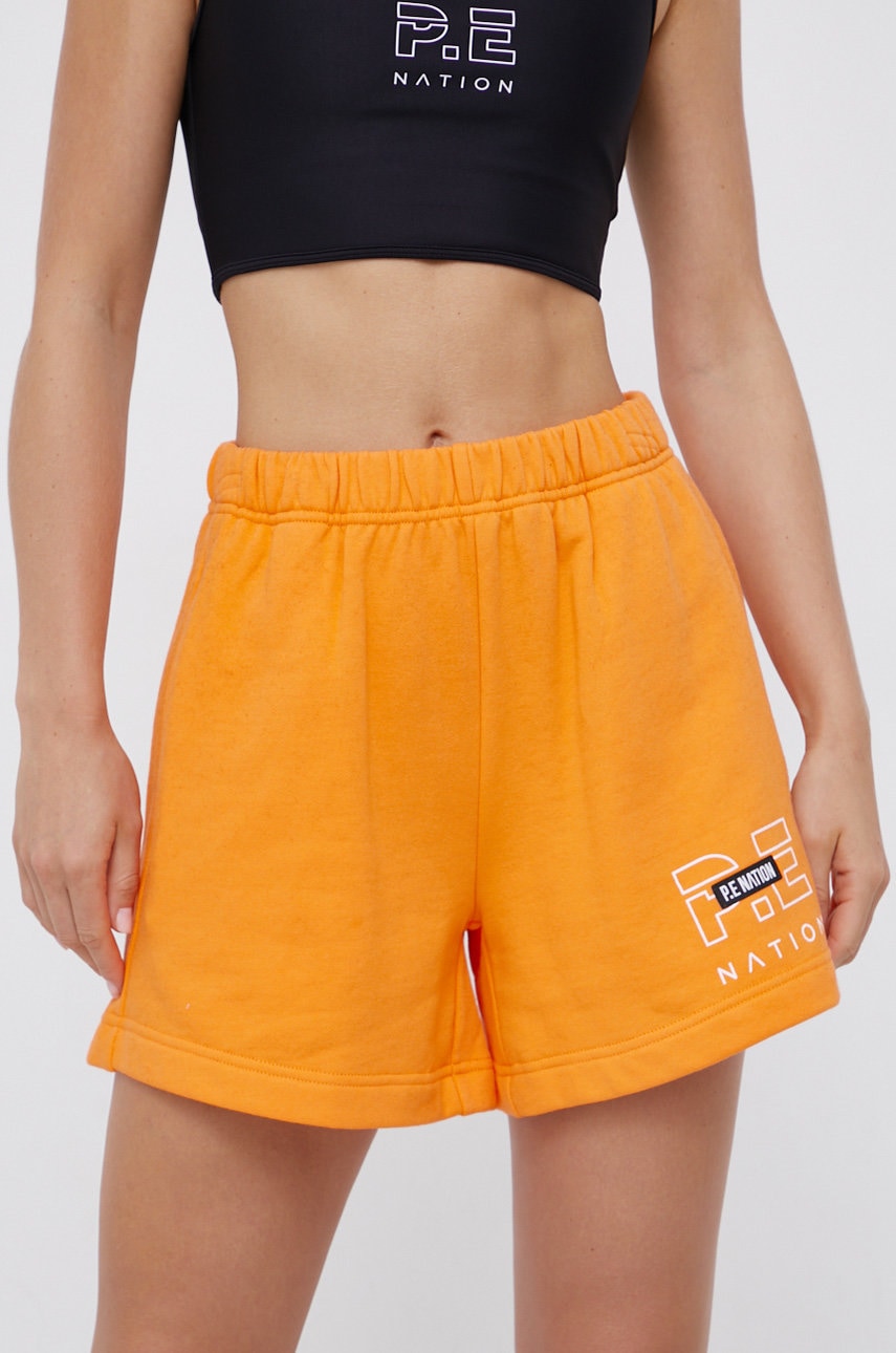 P.e Nation Pantaloni Scurti Din Bumbac Femei, Culoarea Portocaliu, Material Neted, High Waist