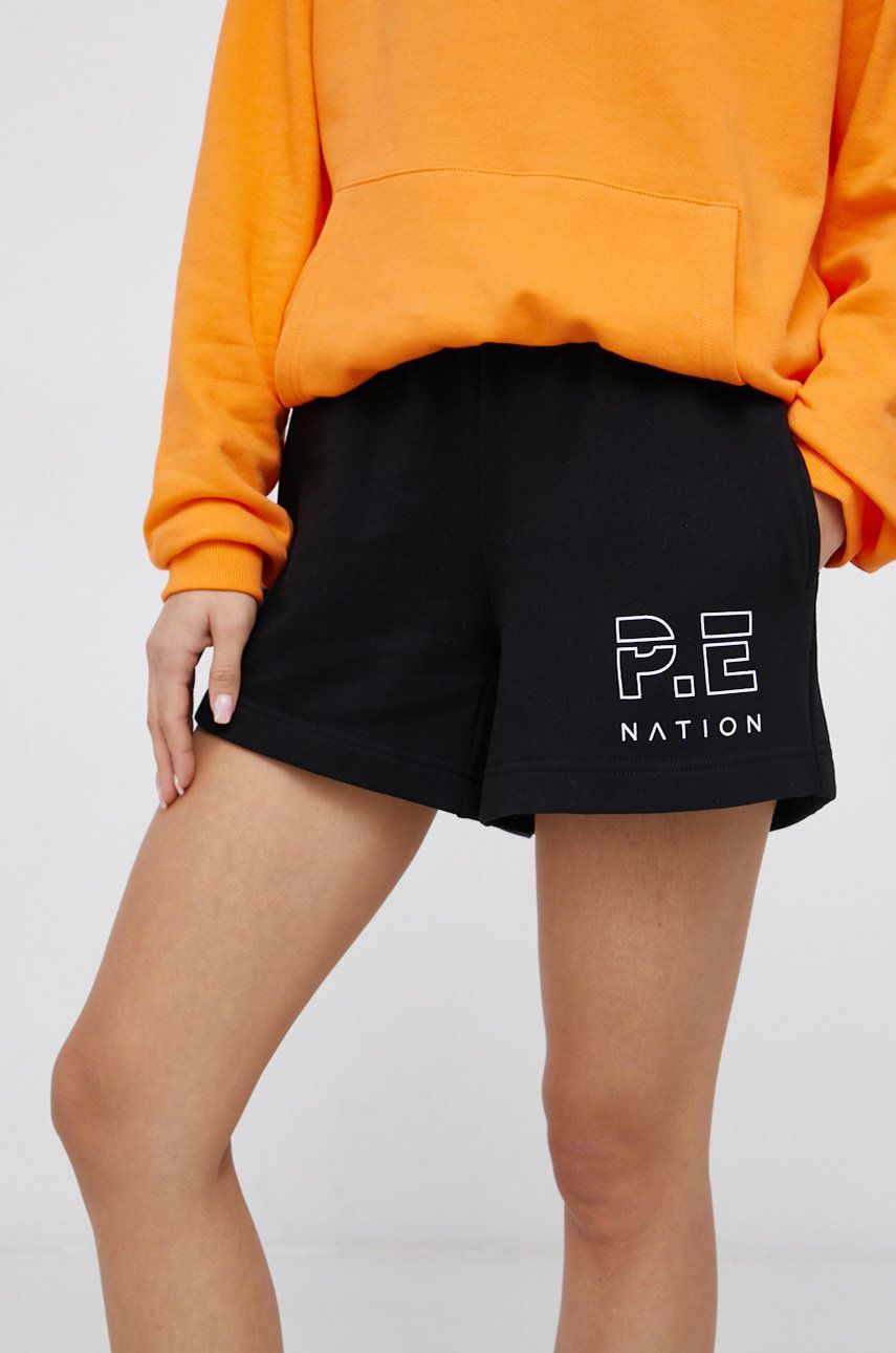 P.E Nation Pantaloni scurti din bumbac femei, culoarea negru, material neted, high waist