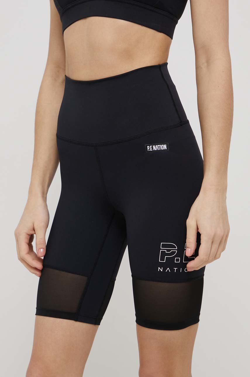 P.E Nation pantaloni scurti sport femei, culoarea negru, cu imprimeu, high waist answear.ro