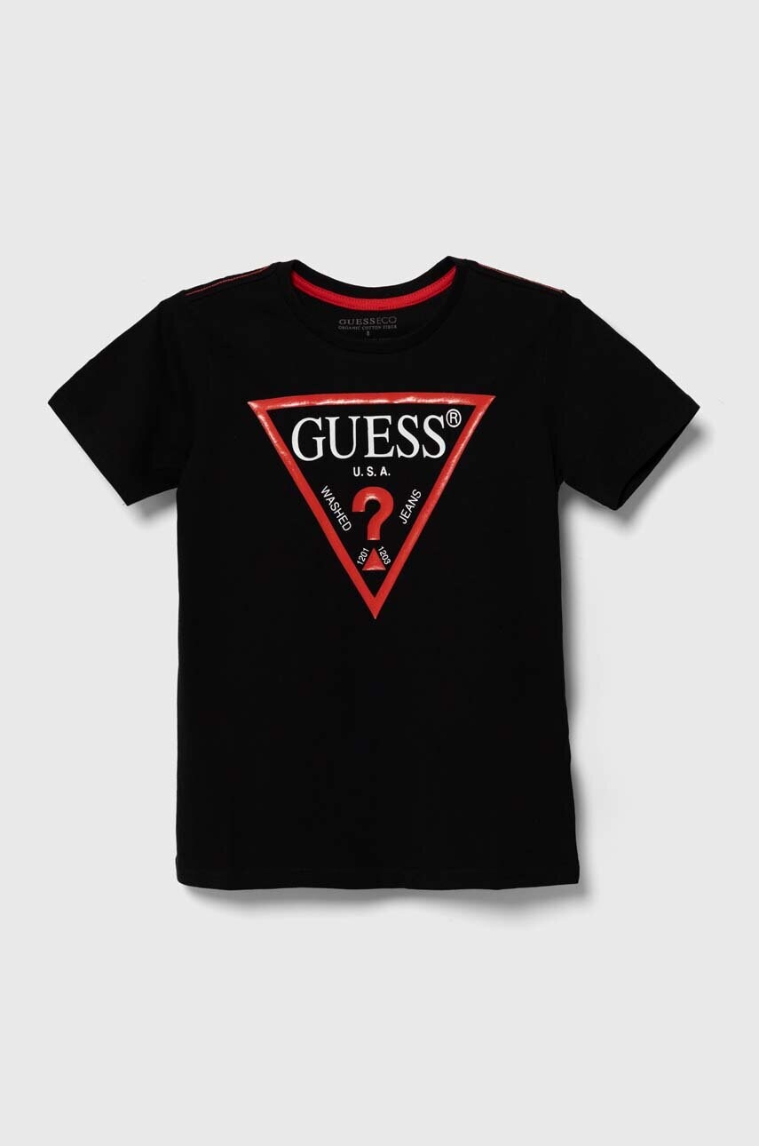 Levně Dětské bavlněné tričko Guess černá barva, s potiskem
