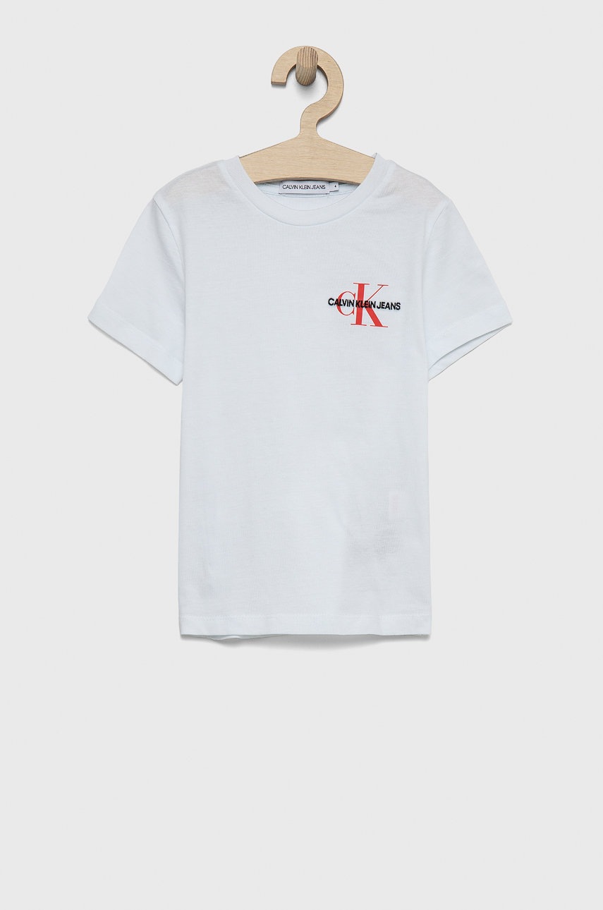 

Детска памучна тениска Calvin Klein Jeans в меланж на бяло, Бял