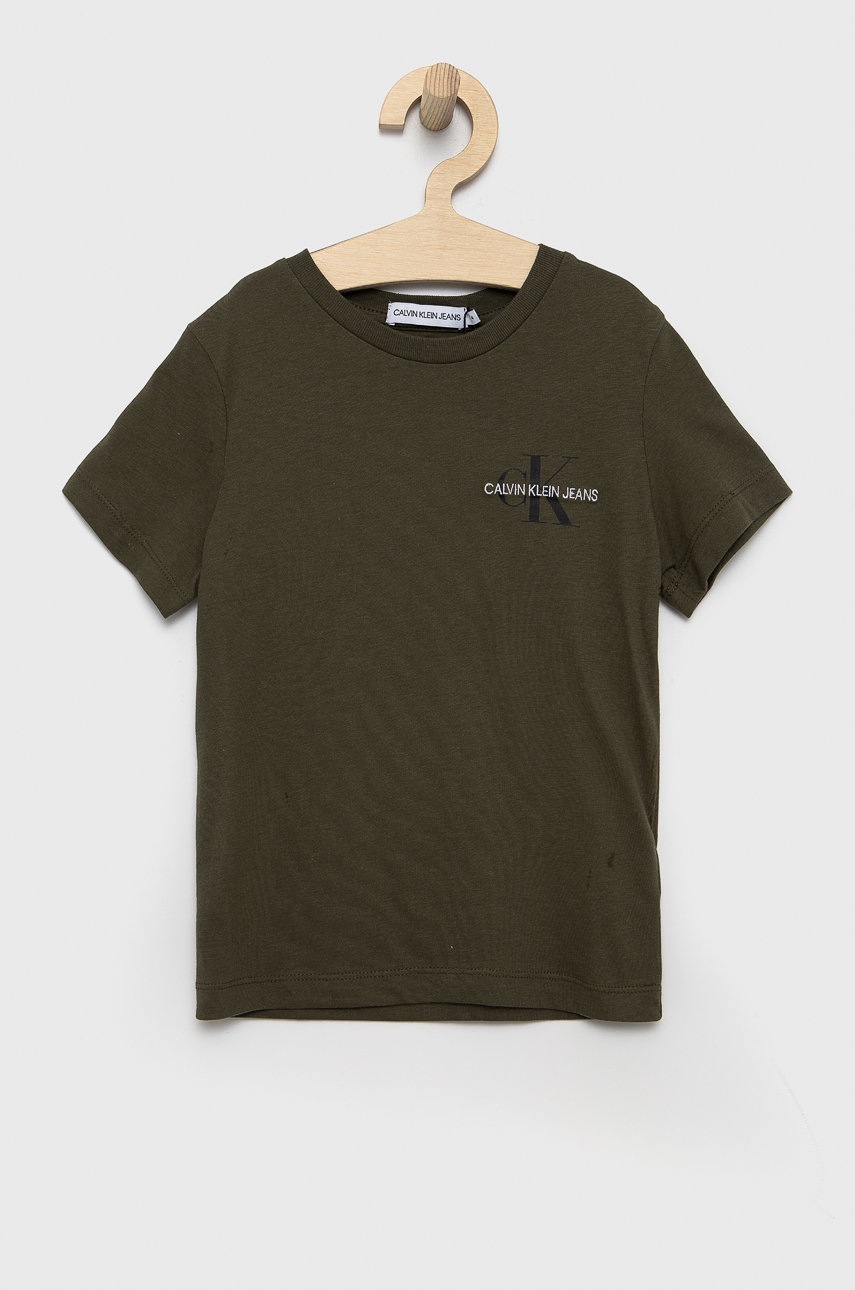 

Детска памучна тениска Calvin Klein Jeans в меланж на зелено, Зелен