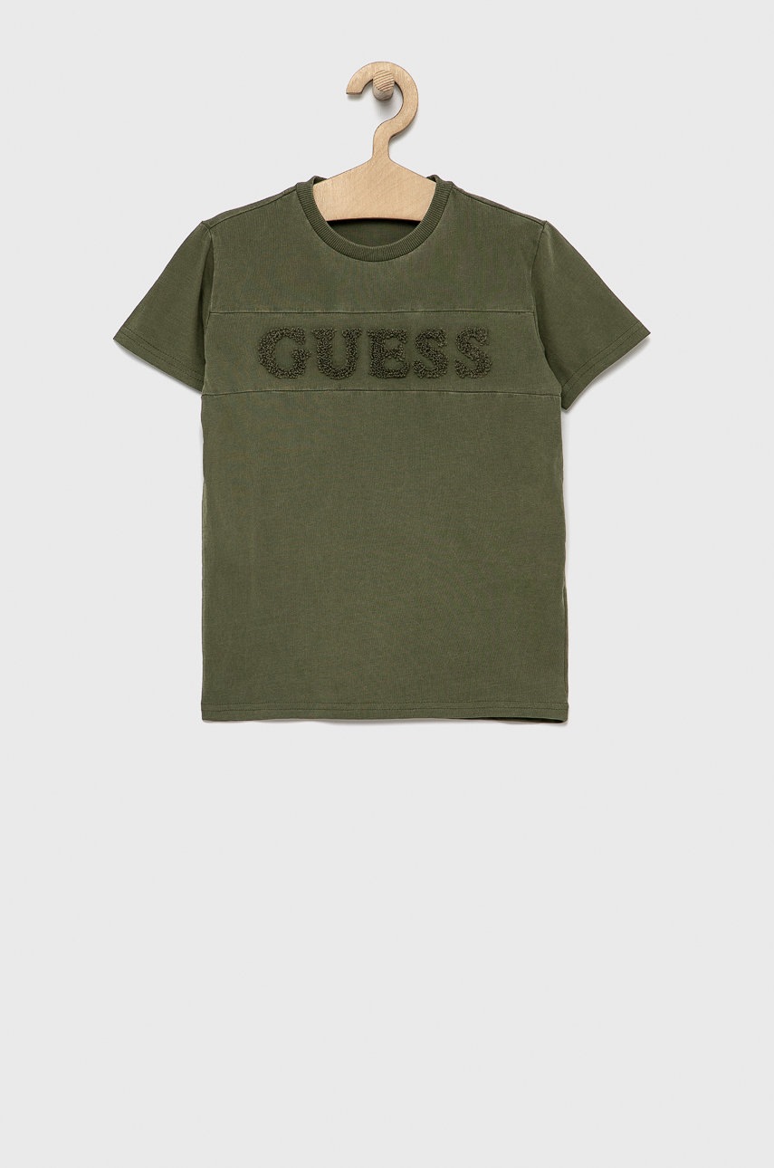 

Детска памучна тениска Guess в зелено с изчистен дизайн, Зелен