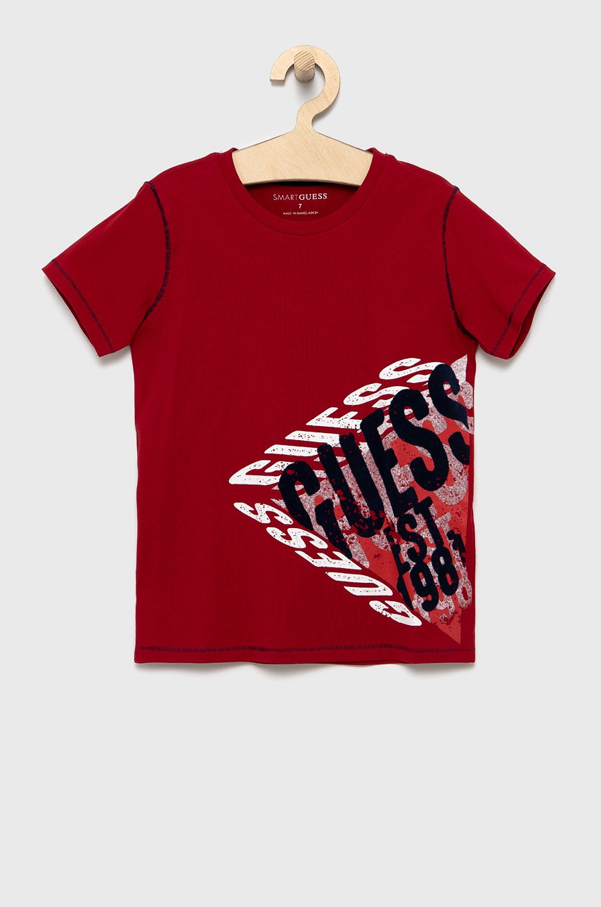 

Детска памучна тениска Guess в червено с принт, Червен