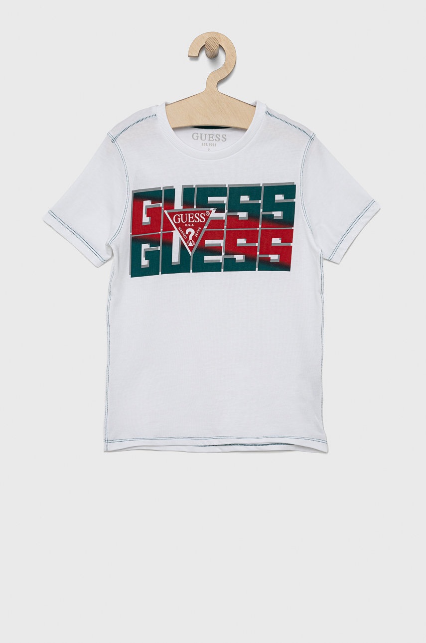 

Детска памучна тениска Guess в меланж на бяло, Бял