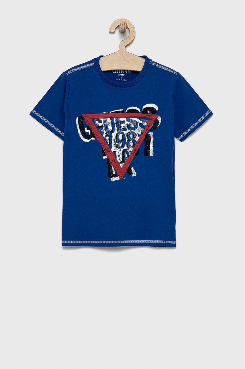 

Детска памучна тениска Guess с принт, Син