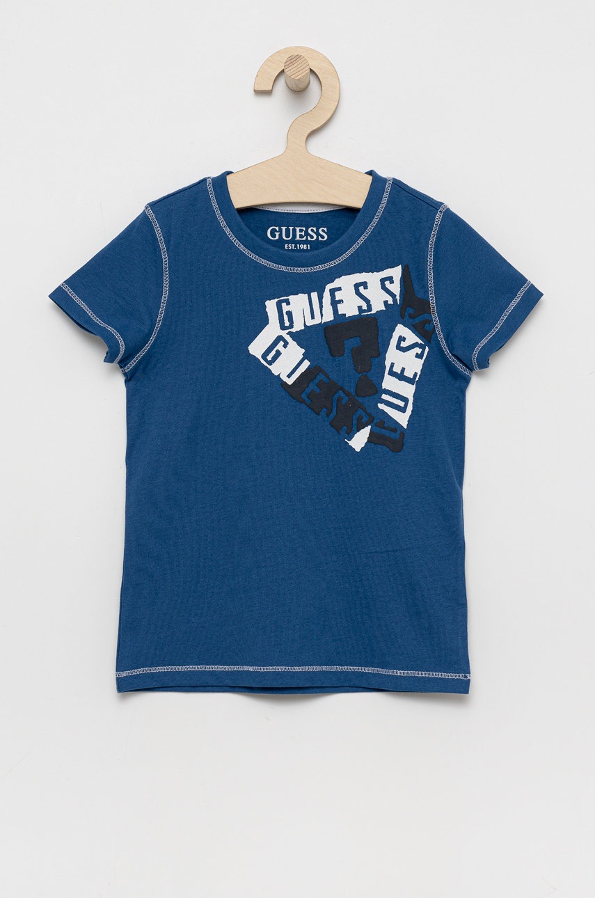 

Детска памучна тениска Guess с принт, Син