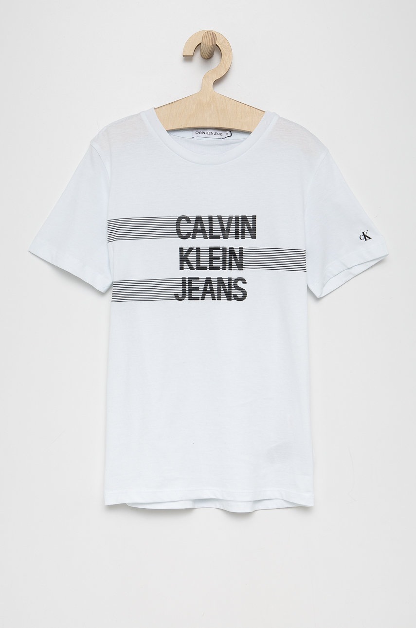

Детска памучна тениска Calvin Klein Jeans с принт, Син