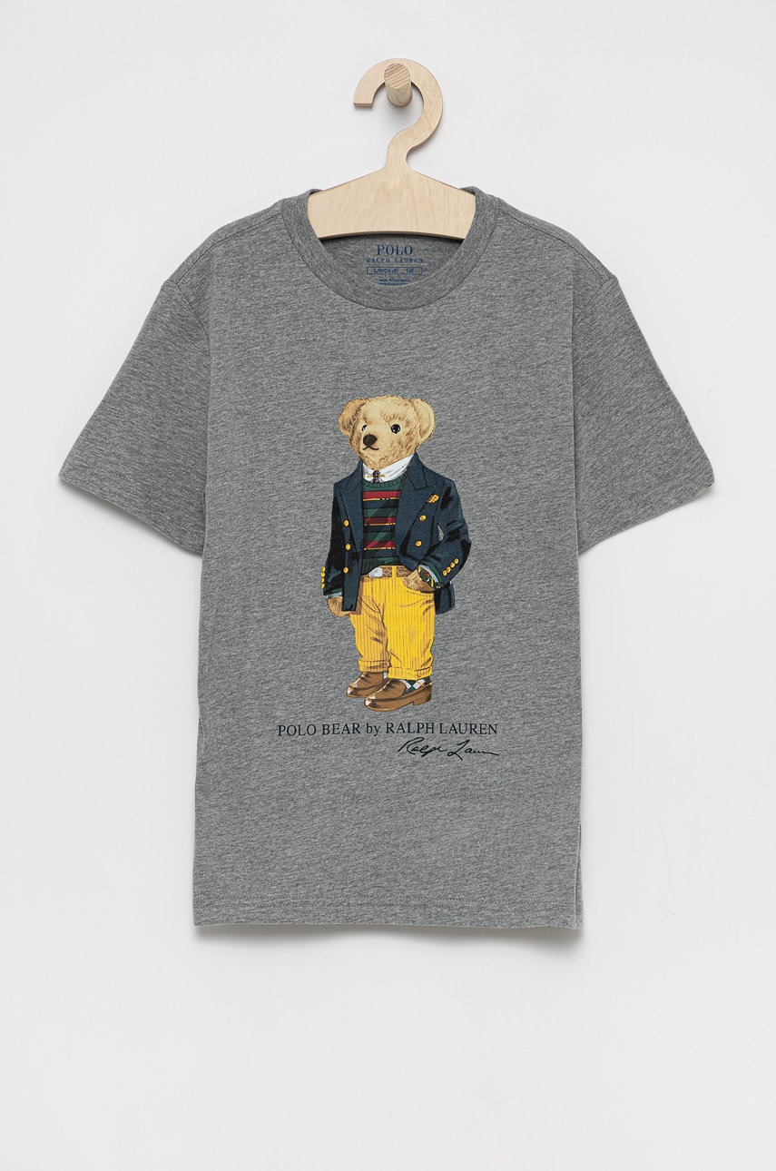 

Детска памучна тениска Polo Ralph Lauren в сиво с принт, Сив