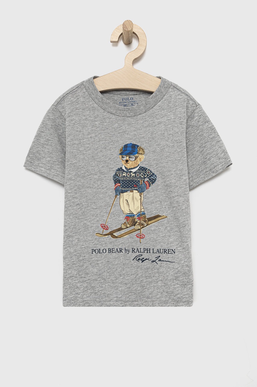 

Детска памучна тениска Polo Ralph Lauren в сиво с принт, Сив