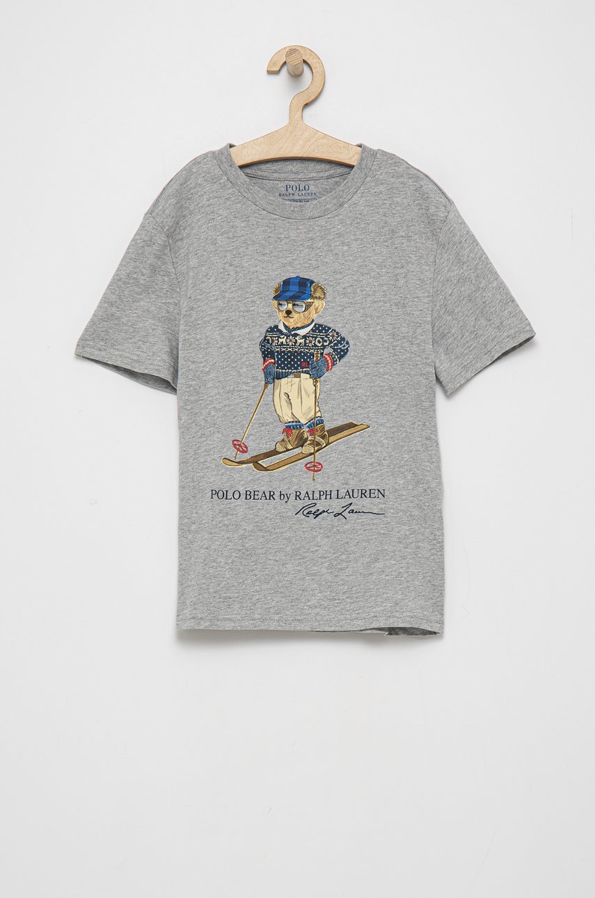 

Детска памучна тениска Polo Ralph Lauren в сиво с принт, Сив