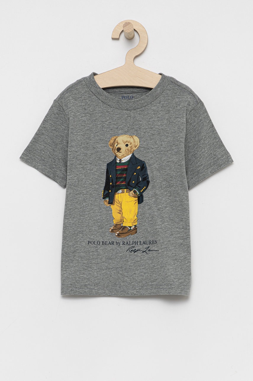 

Детска памучна тениска Polo Ralph Lauren в сиво с принт, Сив