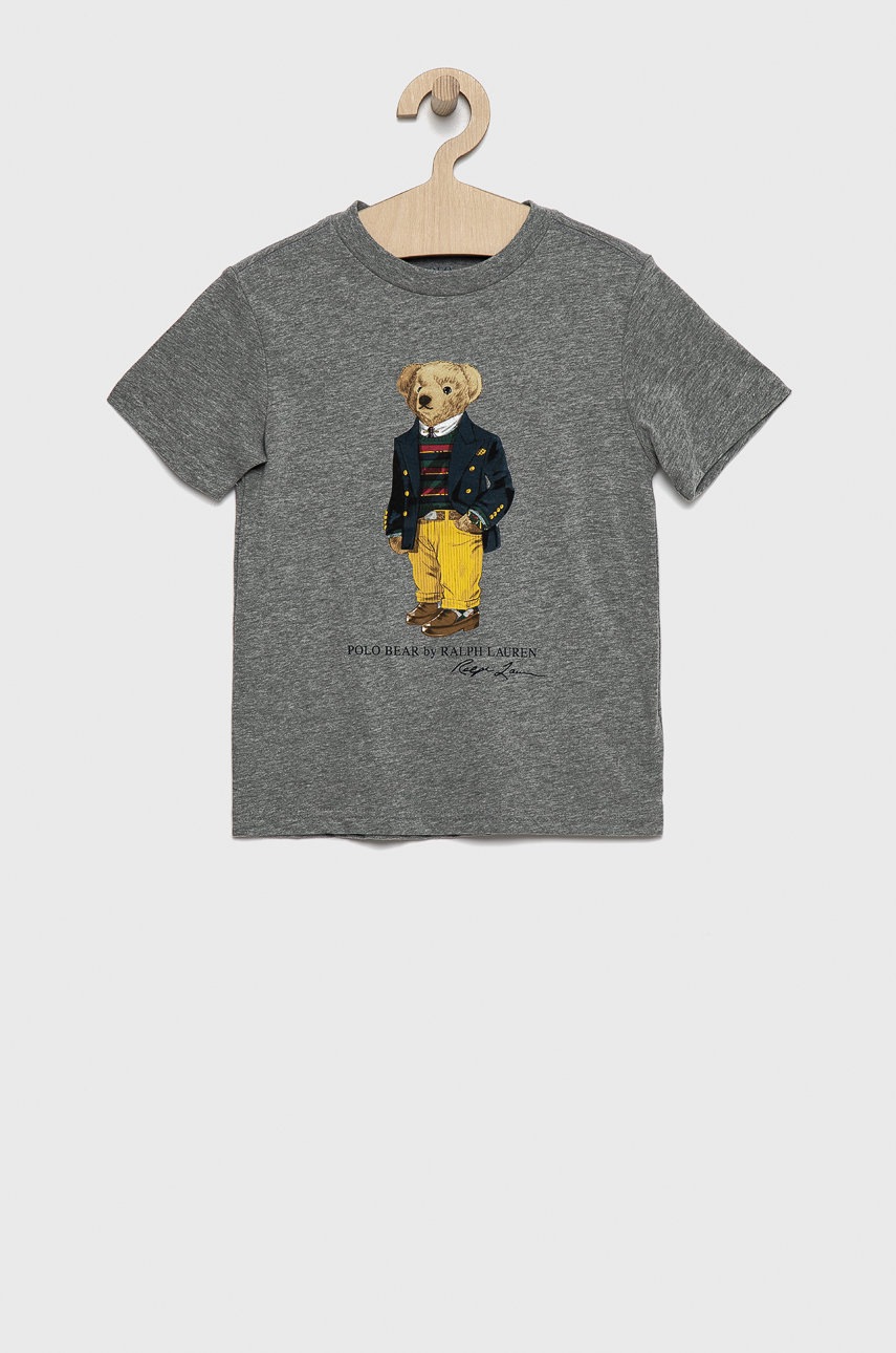 

Детска памучна тениска Polo Ralph Lauren в сиво с принт, Сив