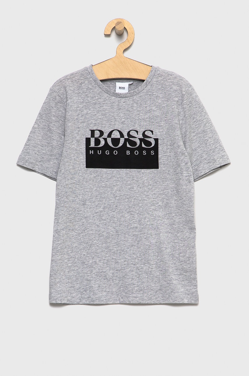 

Детска памучна тениска Boss в сиво с принт, Сив
