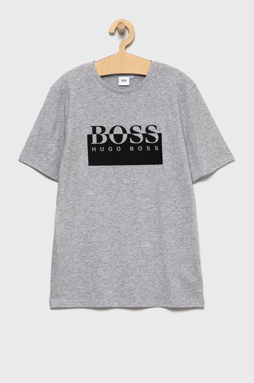 

Детска памучна тениска Boss в сиво с принт, Сив