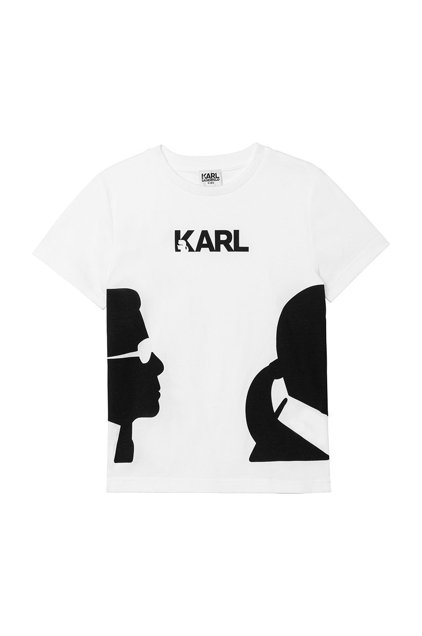 

Детска памучна тениска Karl Lagerfeld в бяло с принт, Бял