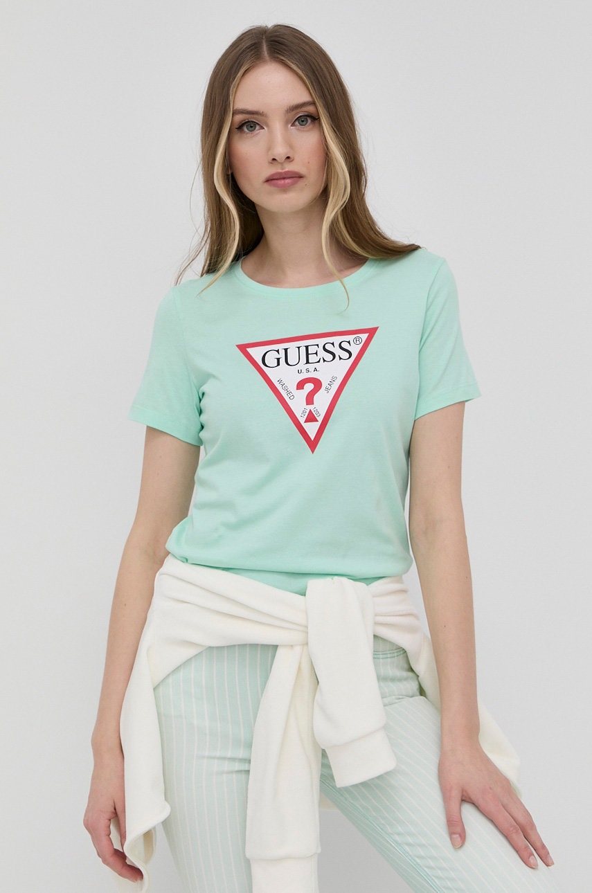 

Тениска Guess дамска в тюркоазено, Тюркоазен