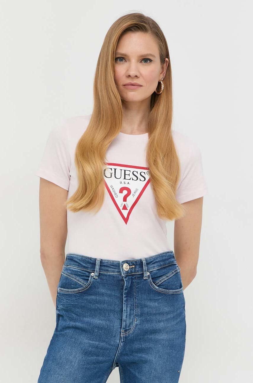 

Памучна тениска Guess в розово, Розов