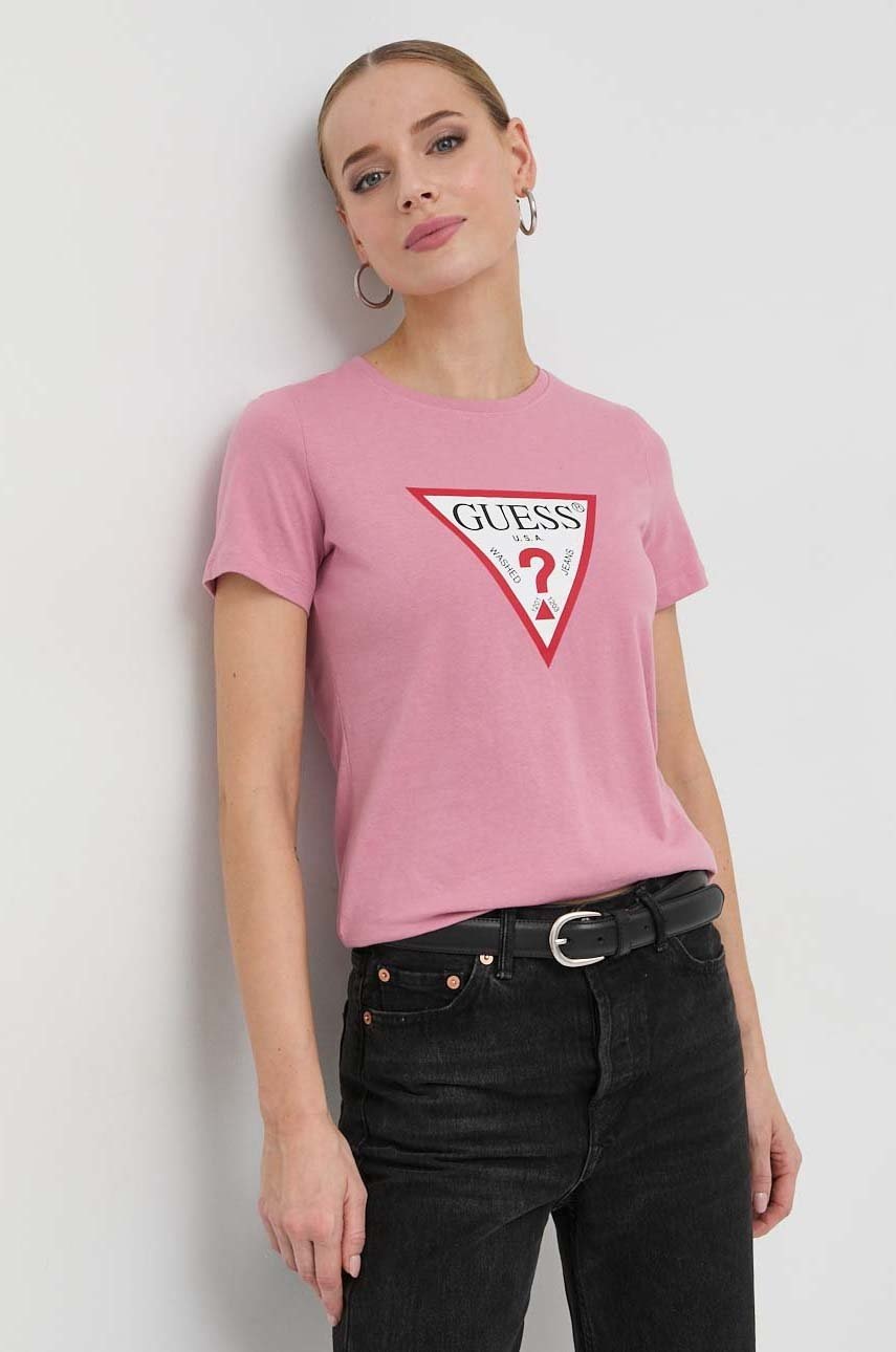 

Хлопковая футболка Guess цвет розовый