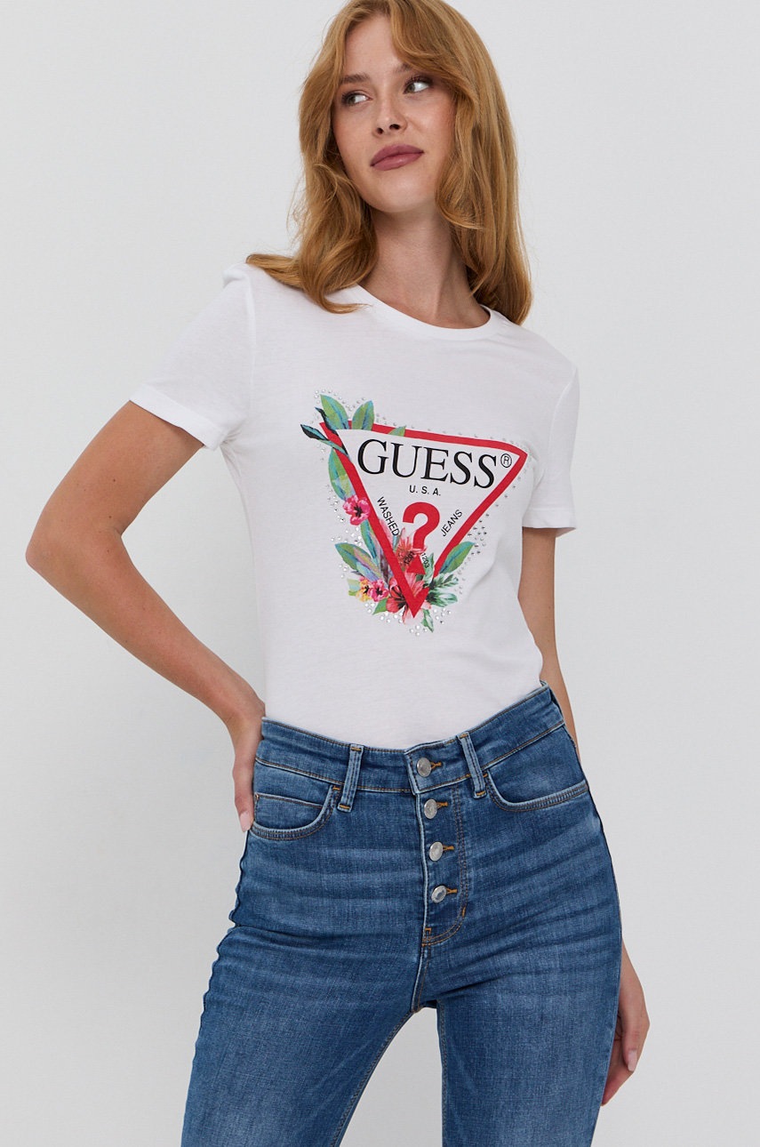 

Памучна тениска Guess в бяло, Бял