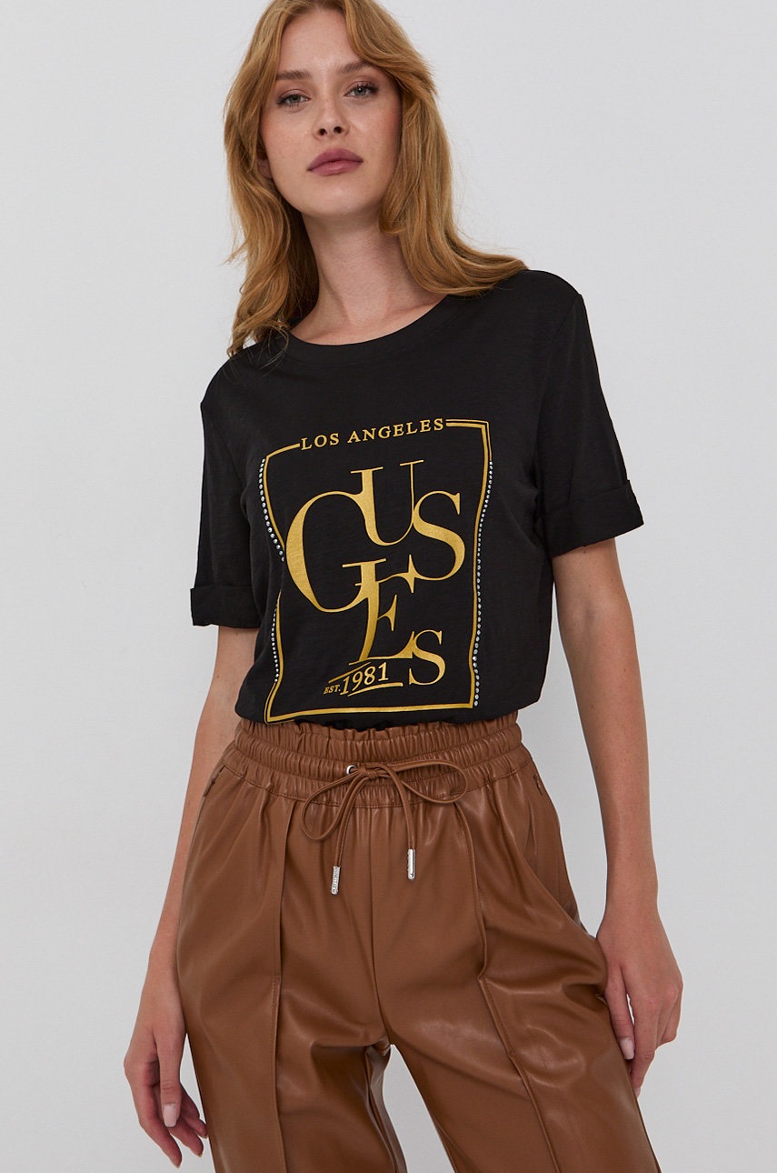 

Памучна тениска Guess в черно, Черен