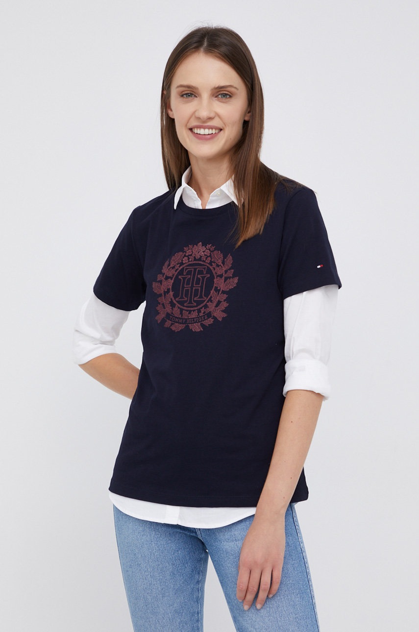 

Памучна тениска Tommy Hilfiger в тъмносиньо, Тъмносин