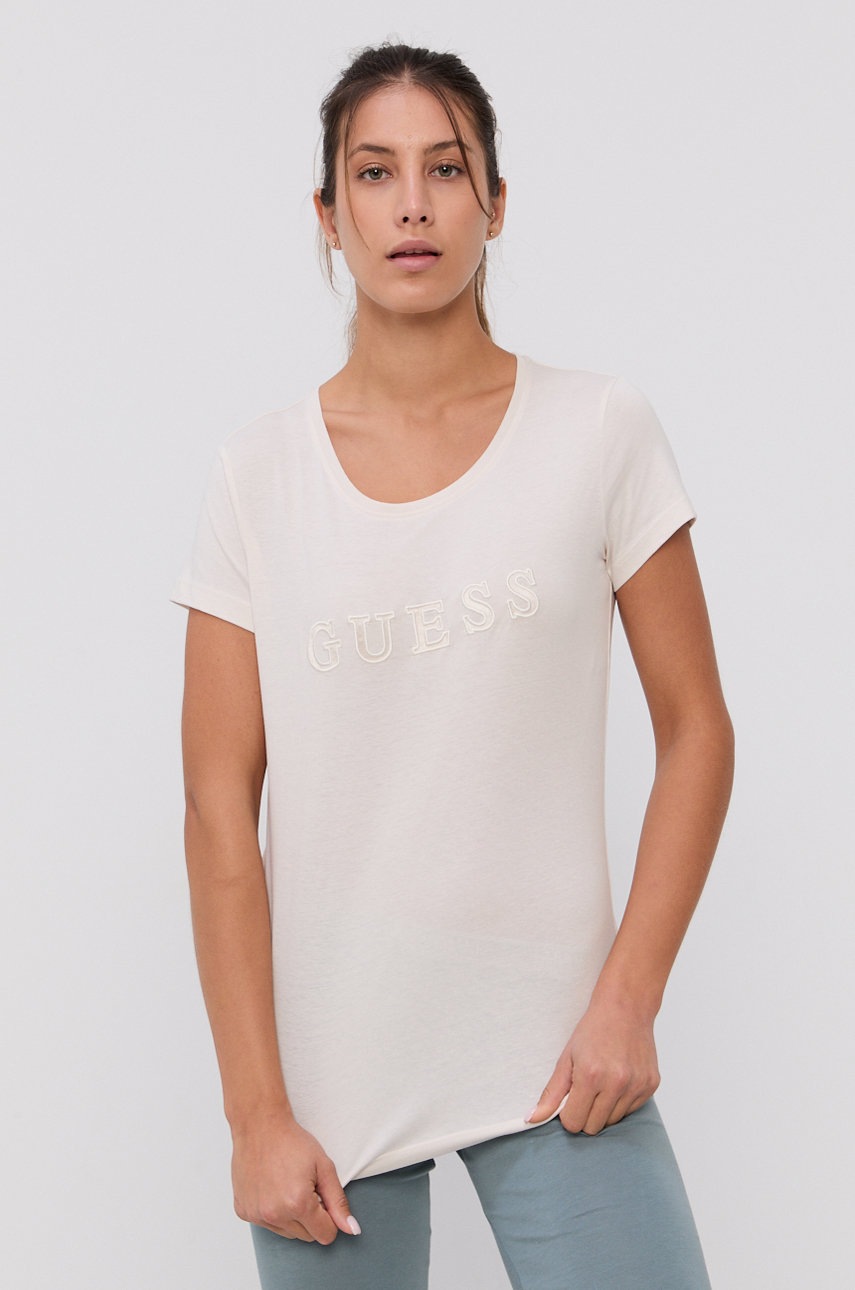 

Памучна тениска Guess в кремаво, Бежов