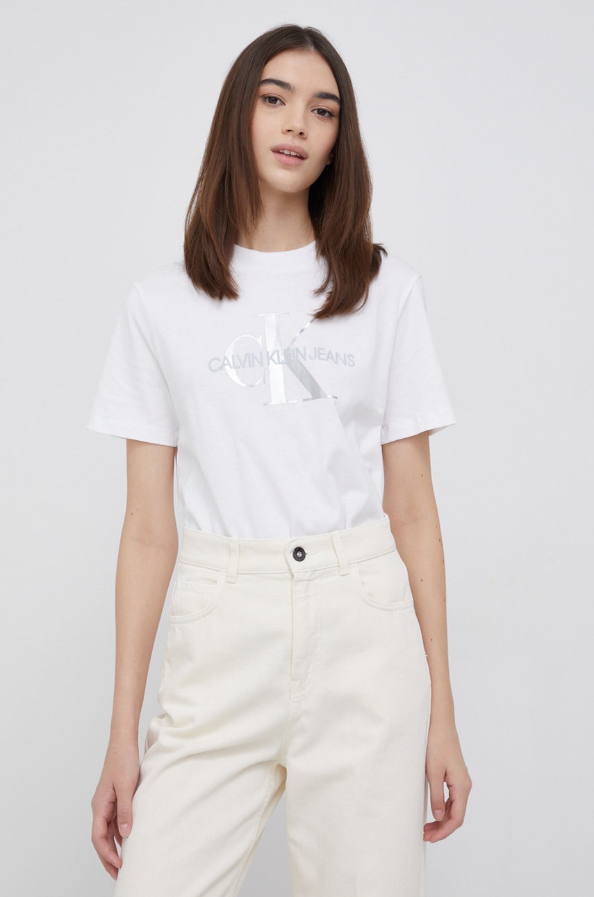 

Памучна тениска Calvin Klein Jeans в бяло, Бял